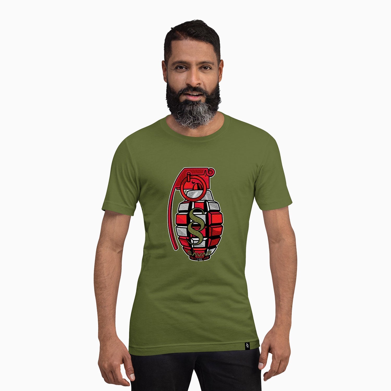 grenade-design-printed-crew-neck-olive-green-t-shirt-for-men-st102-327